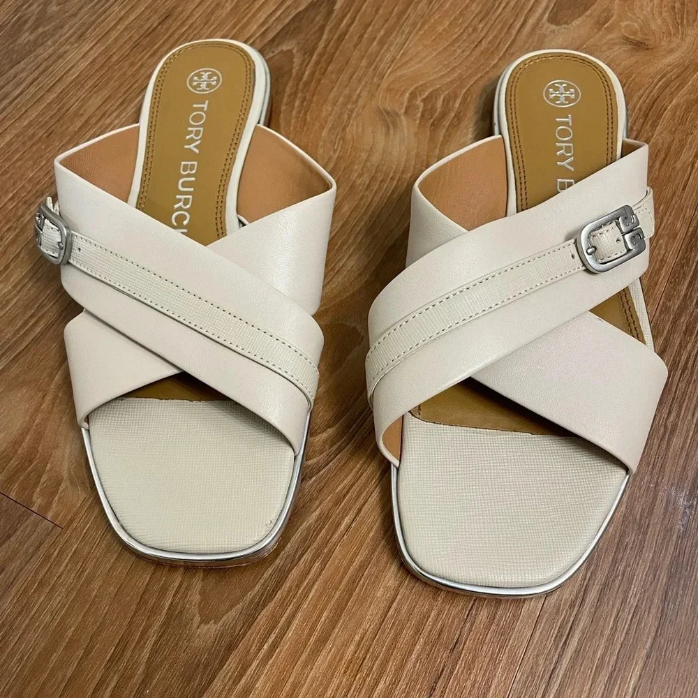 Tory Burch 'Delaney' Crisscross Slide Sandal Beige Womens 7 MSRP $248, L…
